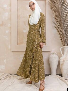Olive Green Floral Ruffle Maxi Dress